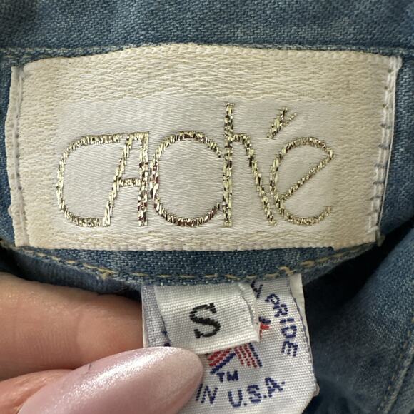 Vintage CACHE Shirt Womens Small Blue Chambray Studded Lace Sleeve 90s Western - Picture 11 of 15